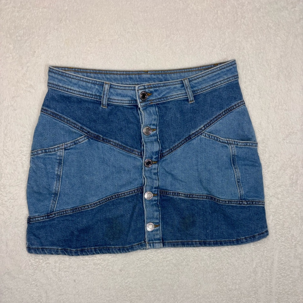 EUC! Women’s SO Two-Tone patchwork retro Denim Mini Skirt Boho Size 14